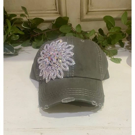 NUEVO CON ETIQUETAS Gorra de Béisbol Olive Distressed con XL Plata AB Crystal Flow Foto 1 de 1