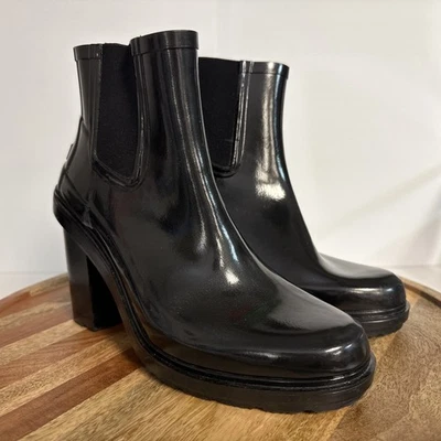 Botas de lluvia Hunter para mujer refinadas de tacón alto al tobillo negras talla 8 impermeables Foto 1 de 4