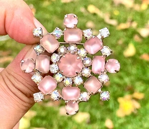 Broche De Colección MCM Tono Plata Redondo Rectángulo Esmerilado Rosa Vidrio AB Estrás A925 - Imagen 1 de 5