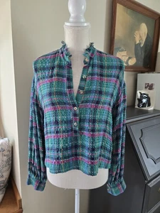 Blusa Anthropologie Pilcro Recortada Manga Abullonada Suave Arruga Cuadros Verde Talla XXS - Imagen 1 de 8