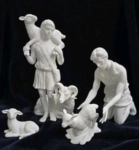 Lenox Bisque Porcelain Nativity Figurine 4 Pc Set, Shepherds W/ Sheep, Mint 1990 - Picture 1 of 7
