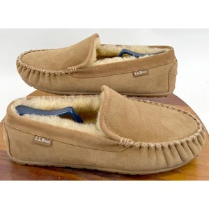 LL Bean Men Moccasin Slippers Size 10 Lamb Shearling Lined Suede Leather Slip On - Picture 1 of 12