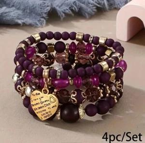 Set of 4 Beaded Bracelets, Deep Red-Aubergine & Gold Beads, Gold Heart Charm - Picture 1 of 3