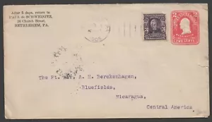 1 de enero de 1905 Belén, PA al Reverendo en Bluefields, Nicaragua Scott 302 - Imagen 1 de 2