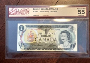 1973 CANADA ONE DOLLAR BILL BCS GRADED ALMOST UNCIRCULATED 55 - Picture 1 of 3