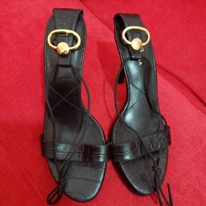 Balenciaga Black Women Sandals Size 37 Leather Open Toe Gold Logo Heel US 7 - Picture 1 of 16