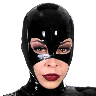 Black Latex Hood Back Zipper Open Eyes Mouth Rubber Mask Party Wear Costume - Image 1 of 4