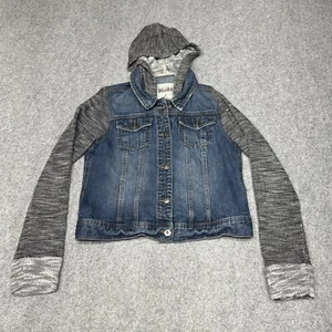 Mudd Jacket Girls Large Blue Denim Trucker Pockets Gray Knit Sleeves Hood - Picture 1 of 10