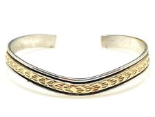 Signed DL Textured Mixed Metal 925 Sterling Silver & 14K Gold Cuff Bracelet