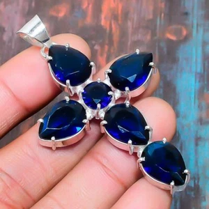 Cross London Blue Topaz Gemstone Handmade Gift Jewelry Pendant 2.48" r268 - Picture 1 of 4