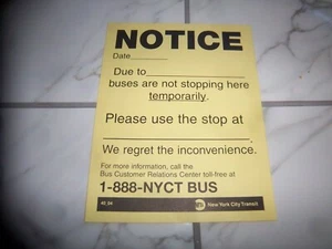 NEW YORK NY TRANSIT NYC BUS SIGN NOTICE TEMPORARILY NO STOPPING BUS STOP PAPER - Picture 1 of 3