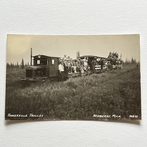 Antique RPPC Real Group Photograph Postcard Toonerville Trolley Newberry MI - Picture 1 of 10