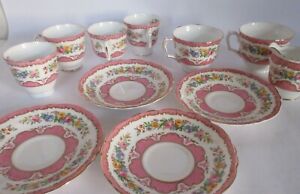 Crown Staffordshire Pink Tunis Bone China bundle ~ 11 pieces Teacups Saucers Jug