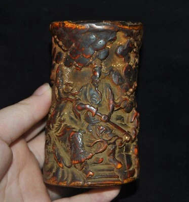 3.8"China Old amber Carved carved Character story pattern brush pot pencil vase - Image 1 of 4