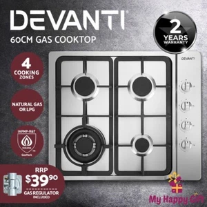 Devanti Gas Cooktop 60cm Kitchen Stove 4 Burner Cook Top NG LPG Stainless Steel - Picture 1 of 9