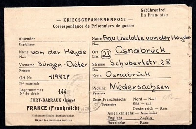 FRANCE NETHERLAND 1947 POW DUTCH PRISONER OF WAR COVER FROM FORT BARRAUX - Image 1 of 3