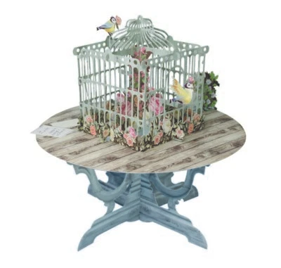 NOTES & QUERIES Intricate Bird Cage Colorful Flowers on Table Pop Up Paper D'Art Greeting Card