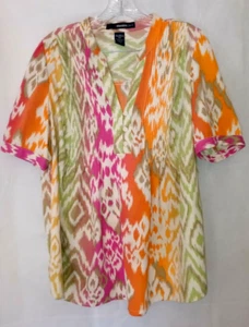 Denim 24/7 Top 16 Hippy Boho Silky Ikat Print Flowy Popover Peasant Shirt Blouse - Picture 1 of 6