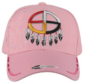 NATIVE PRIDE MEDICINE WHEEL HOOP FEATHER BALL CAP HAT PINK - Picture 1 of 4