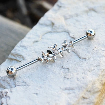 316L Stainless Steel Triple Jeweled Flower Industrial Barbell - Image 1 of 3