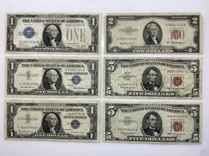 Lot of 6 Notes: 1928A Funnyback, 1957 $1, 1957B STAR 1, 1953A $2, two 1963 $5 - Picture 1 of 2