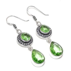 Green Tsavorite Gemstone Handmade 925 Sterling Silver Jewelry Earring Size 2.2" - Picture 1 of 1