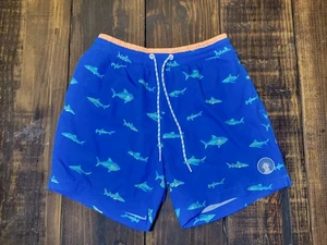 CHUBBIES Swimwear Sz S Lined Trunks Blue Shark Print Elastic Waist 5.5" Inseam - Picture 1 of 6