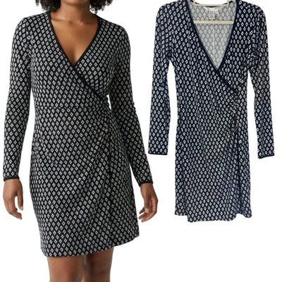 Max Studio Wrap Dress Black White Diamond Print Long Sleeve Career Casual - Image 1 of 4