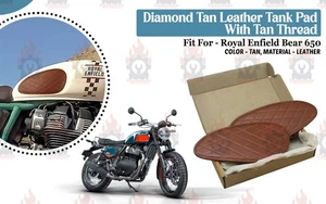 Diamond Leather Tan Tank "Pad With Tan Thread Fit For Royal Enfield Bear 650" - Picture 1 of 8