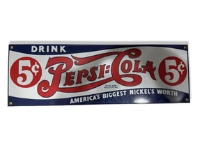 Vintage Pepsi Cola Double Dot 5 Cents Ande Rooney Enameled Porcelain Sign 18 x 6 - Picture 1 of 2