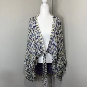 Women's Shawl Wrap Poncho Floral Purple Front Tie Sz M Eva Méndez NY & Company - Picture 1 of 7