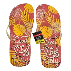 Womens XL Flip Flops "Good Vibes Only" Pink & Yellow Tropical Print Size 11/12 - Picture 1 of 7