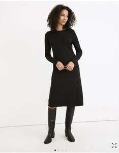 Madewell Black Ribbed Long Sleeve Pocket Tee Dress M Midi Long - Picture 1 of 12