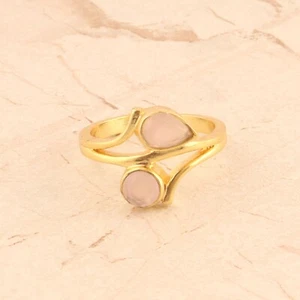 Faceted Cut Pink Chalcedony Yellow Gold Plated Two Stone Adjustable Ring Jewelry - Picture 1 of 3