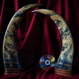Antique Dragon Phoenix Chinese Ox Horn Bull Statue Figure Wood Art Handcarved - Picture 1 of 12