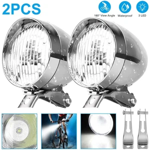 2Pc Silver Classical Vintage LED Bike Headlight Bicycle Retro Front Head Lamp US - Picture 1 of 12