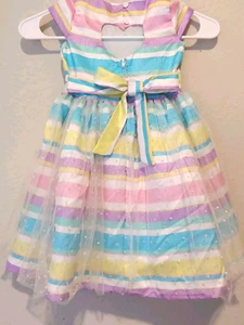 Abito Nannette bambina bambina 4T cuore ritaglio rete sottoveste righe festa foderato - Foto 1 di 9