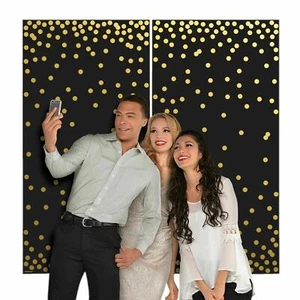 Party Scene Setter Wall Decor Selfie Backdrop Black with Gold Polka Dot 5' New - Picture 1 of 1