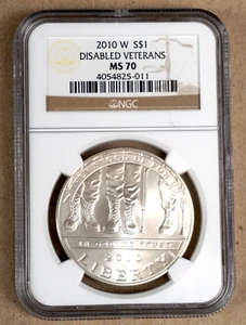 2010-W DISABLED VETERANS COMMEMORATIVE SILVER DOLLAR NGC MS70 825011 - Picture 1 of 2