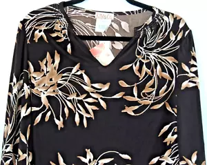 NEW KIM CO BRAZIL KNIT GATHERED V NECK TOP ELBOW SLEEVES DARK BROWN PRINT L - Picture 1 of 3