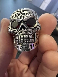 KING BABY US Size 12 LARGE SKULL 925 RING W/CHOSEN CROSS RED GARNET EYES - Picture 1 of 5