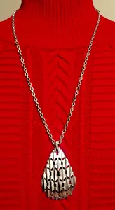 Vintage Crown Trifari Teardrop Pendant Necklace Silver Tone 26 Inch Brutalist - Picture 1 of 5