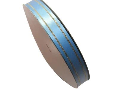 Blue Ribbon Double-Face satin ribbon 7/8" x 7 yards Metallic Gold Stripe B16 - Image 1 of 4