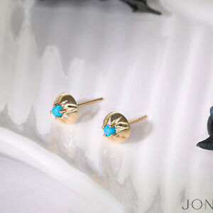 14K Gold Genuine 0.17 ct Turquoise Gemstone Flower Stud Earrings Fine Jewelry