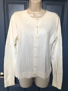 Gap Size M Ivory Knit Cotton Sequin Accent Cardigan Button Up Long Sleeve Women - Picture 1 of 6