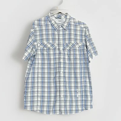 Camisa Columbia Omni Tono Para Hombres Blanca Azul A Cuadros Bolsillos Abotonados Manga Corta L Foto 1 de 4