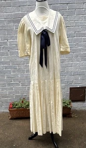 Vintage 80s Laura Ashley Great Britain Ivory Linen Blend Sailor Dress Large - Picture 1 of 11