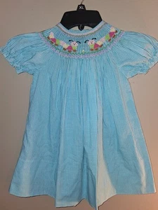 Rosalina Baby Collection Dress Blue Smock Embroidery 12M centipedes super cute! - Picture 1 of 6