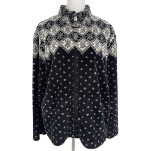 Talbots Fleece Jacket XL Black White Fair Isle Zip Front Snowflake Nordic Winter - Picture 1 of 13
