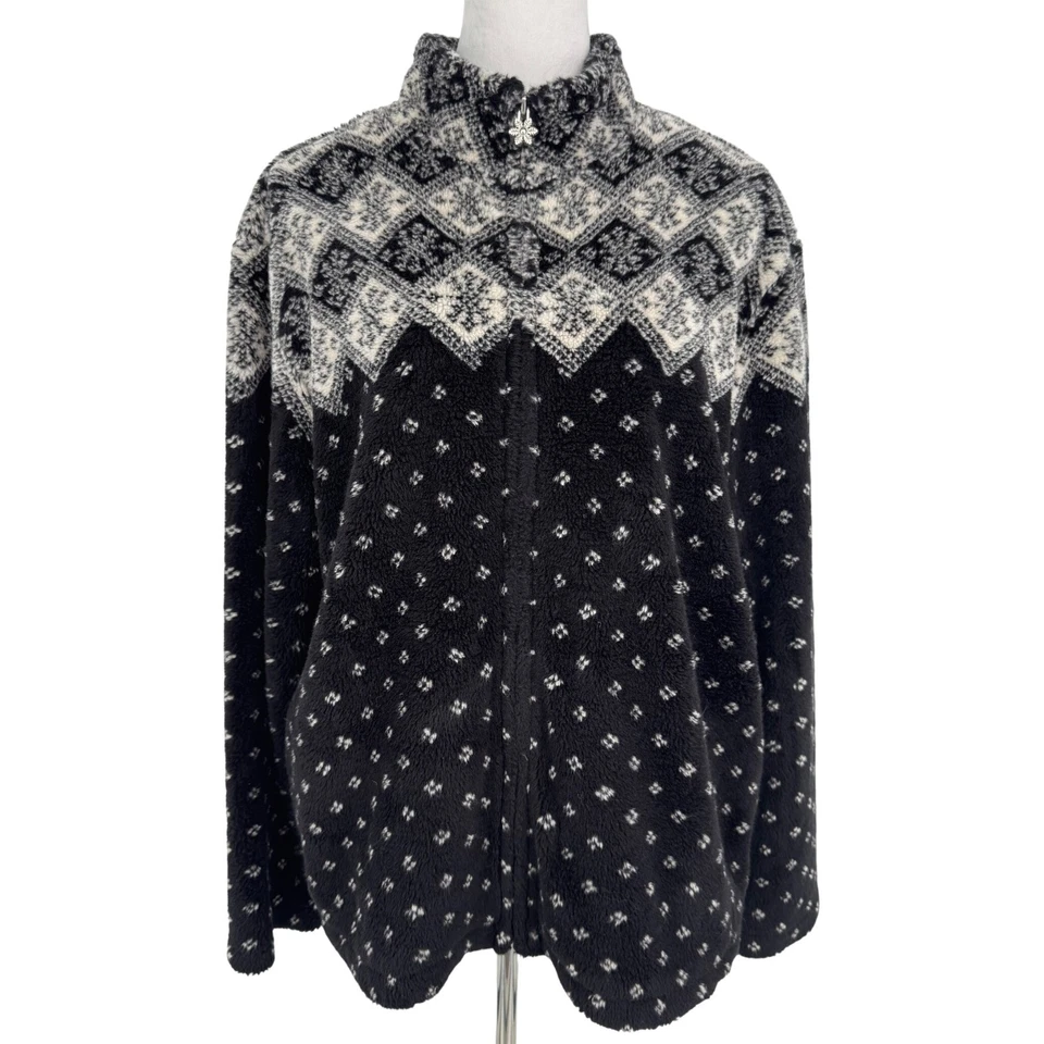 Talbots Fleece Jacket XL Black White Fair Isle Zip Front Snowflake Nordic Winter - Image 1 of 4